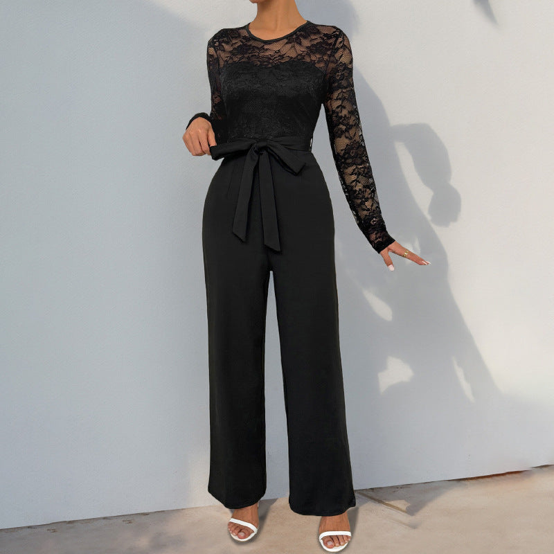 Lace Stitching Zipper Lace Up Solid Color Jumpsuit