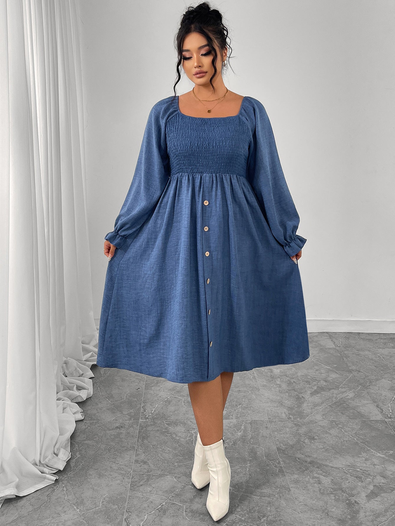 High Waist Pleated Square Collar Button Long Sleeve Dress