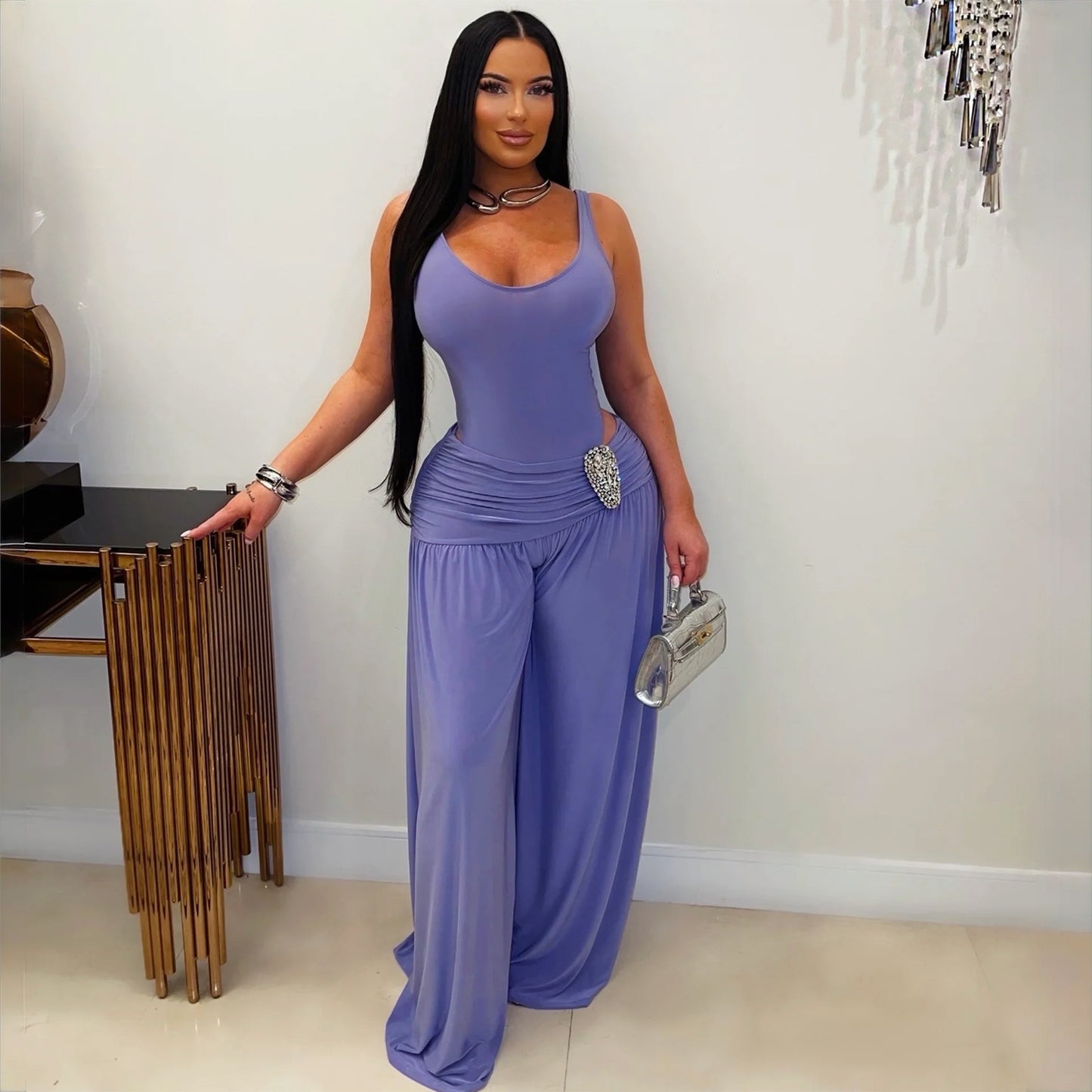 Women Solid Color U Collar High Waist Jumpsuit