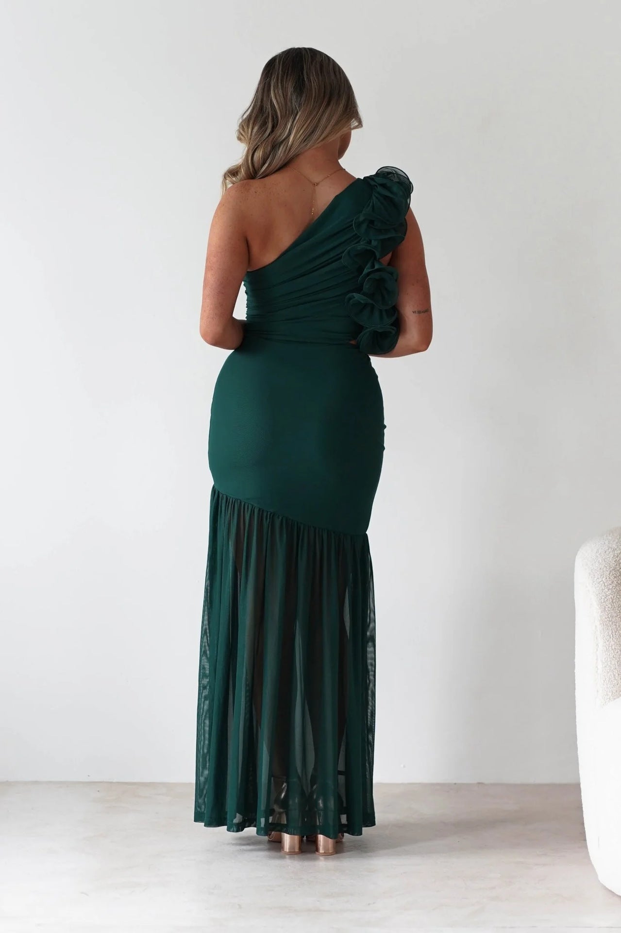 Autumn Winter Hollow Out One Shoulder Ruffled Mesh Dress