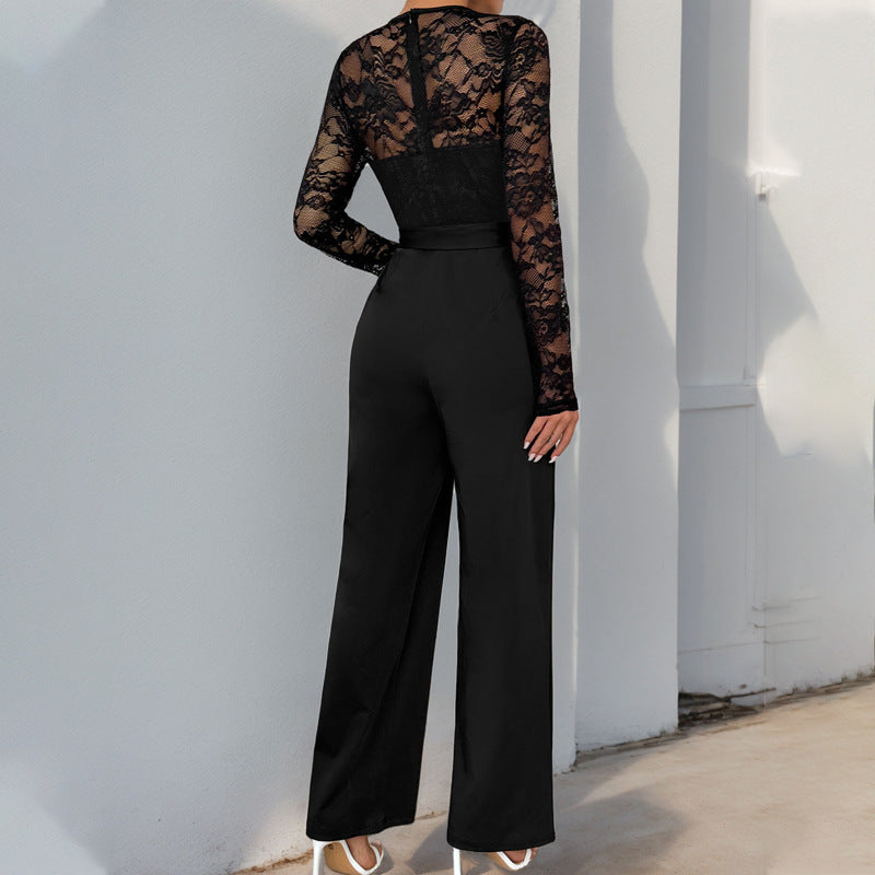 Lace Stitching Zipper Lace Up Solid Color Jumpsuit