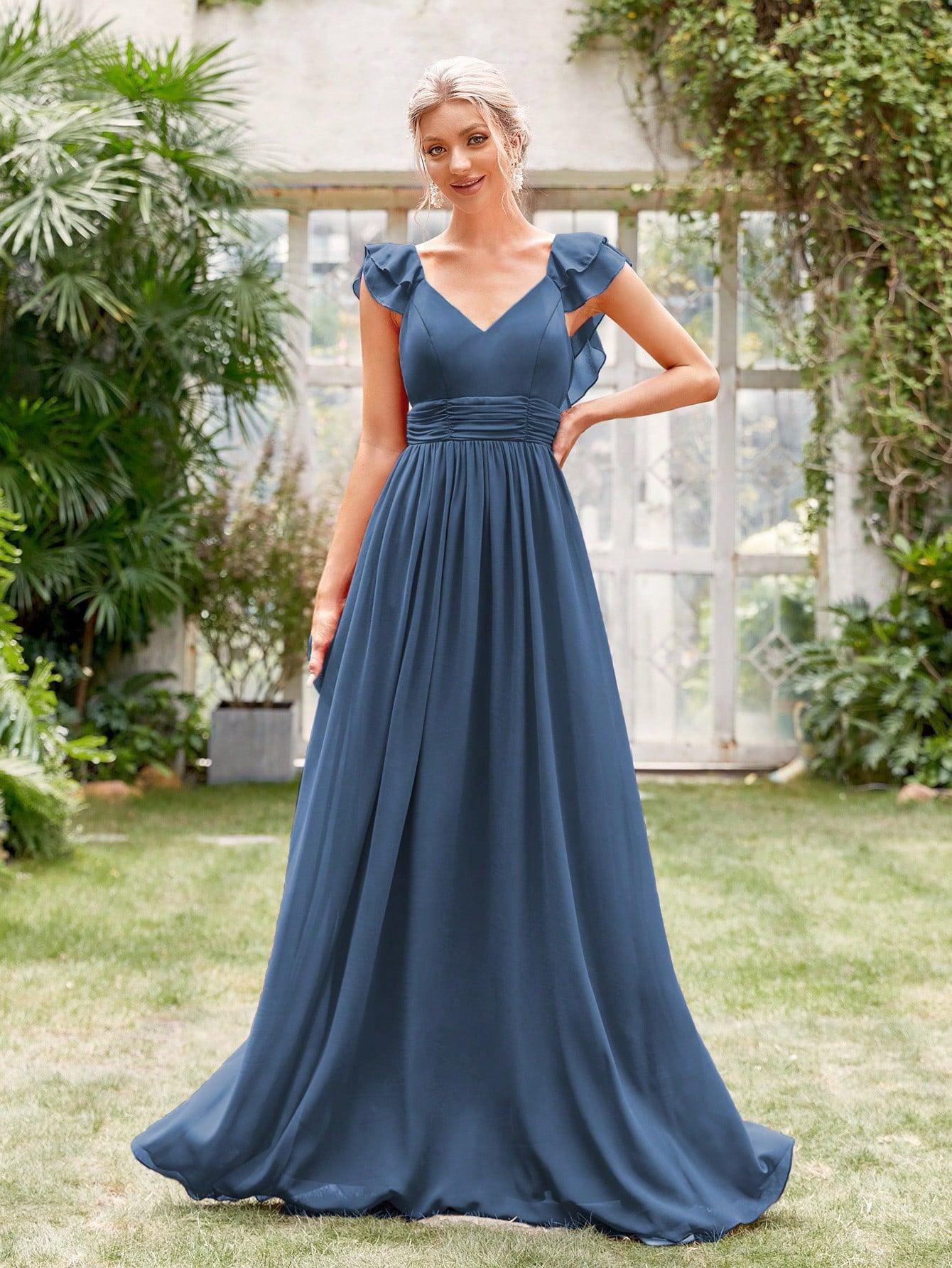 Chiffon Long V neck Formal Chiffon Party Evening Dress - Venus Trendy Fashion Online