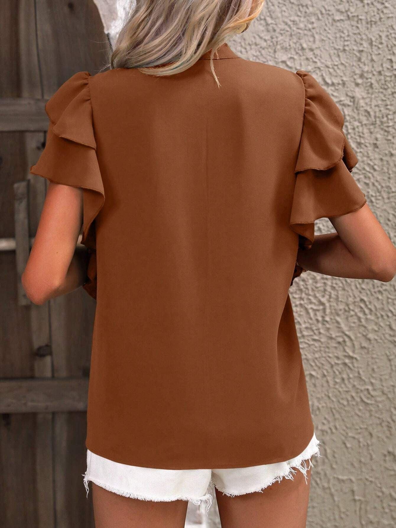 Summer V neck Casual Double Layer Ruffle Sleeve Shirt