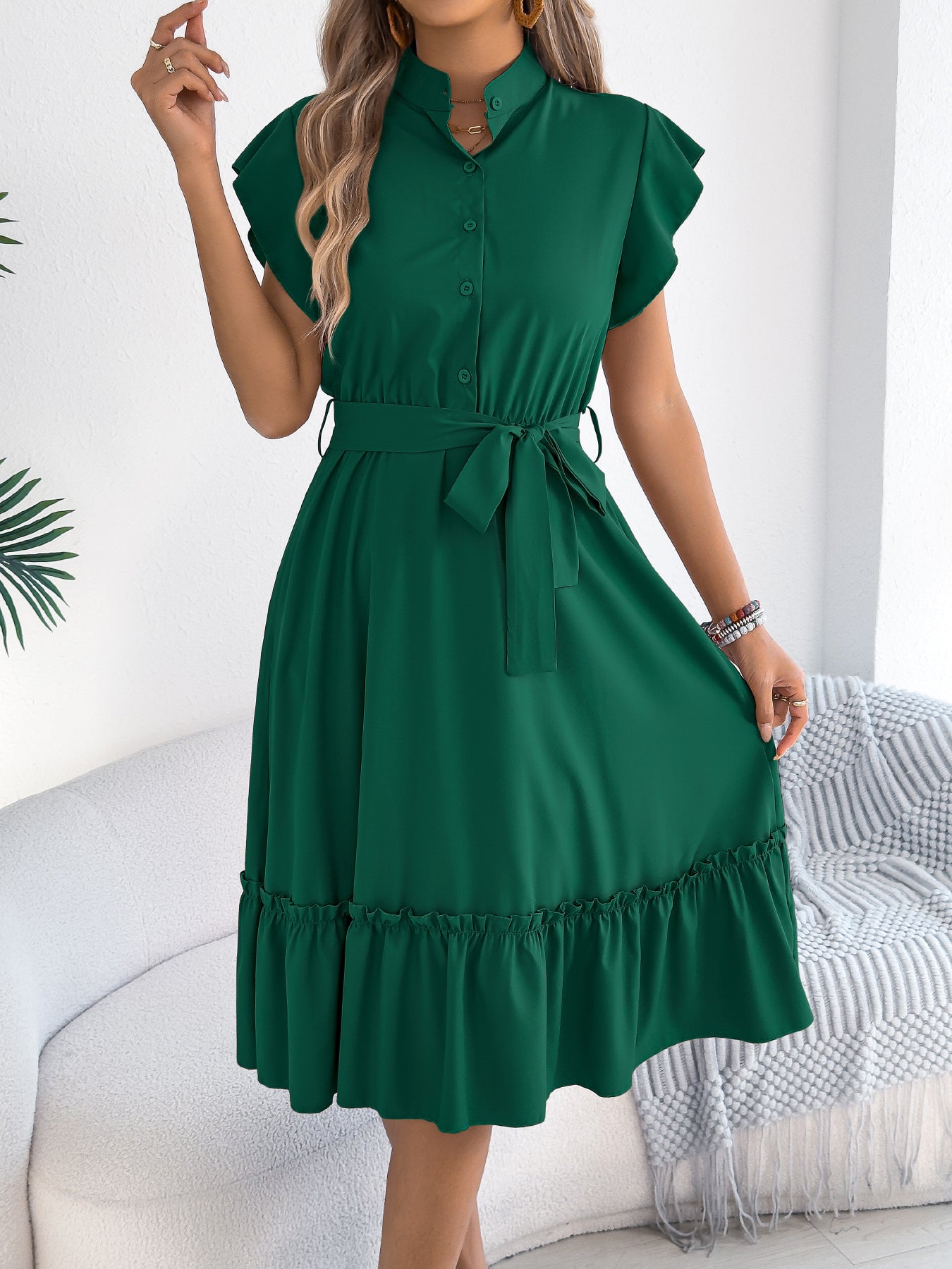 Summer Casual Stand Collar Ruffle Lace up Dress