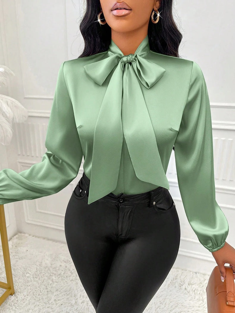 Women Satin Bow Long Sleeve Shirt