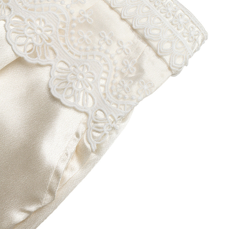 Elegant Solid Color Lace Stitching Satin Wide Leg Pants