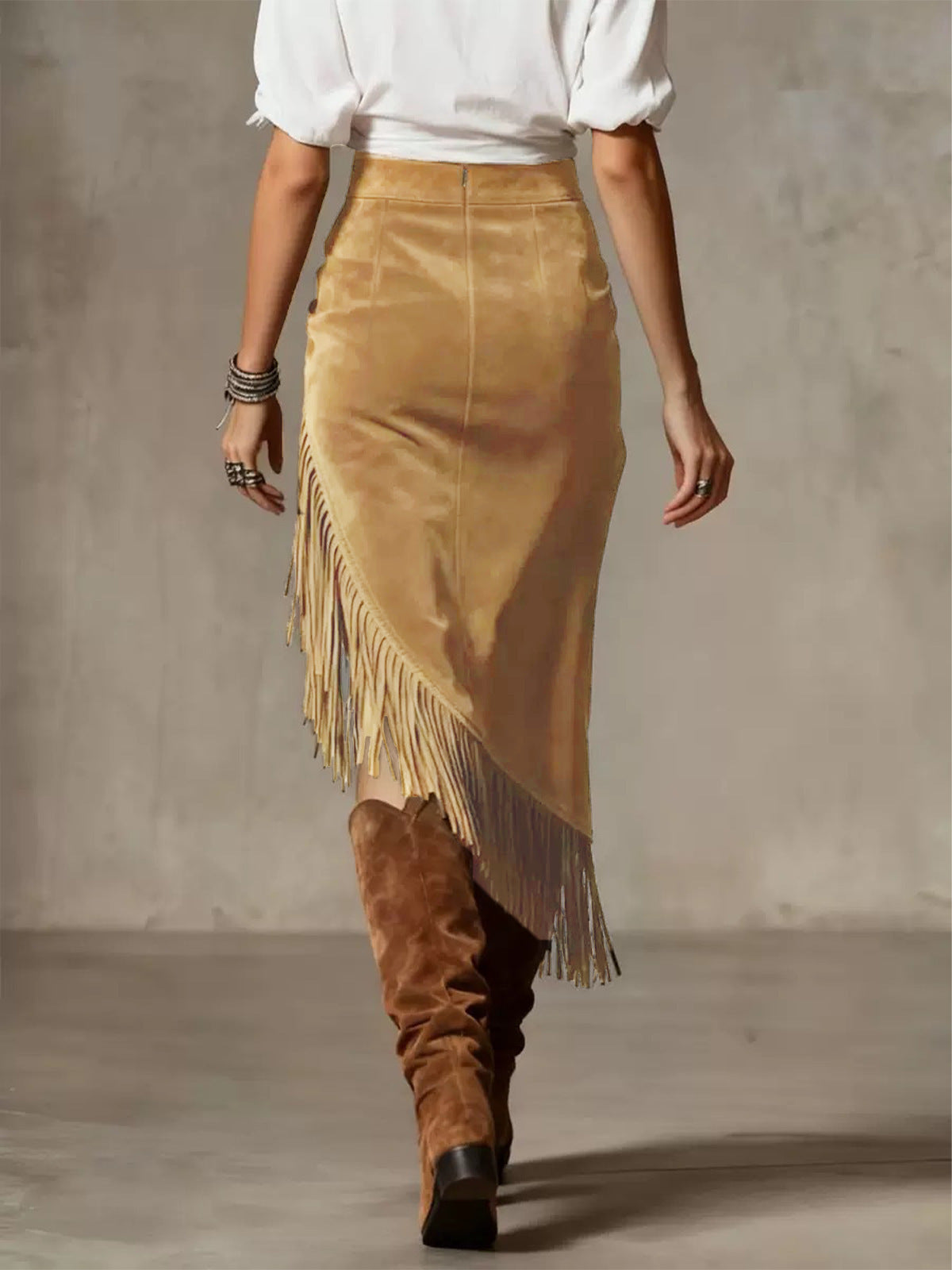 Retro Western Irregular Asymmetric Design Suede Skirt