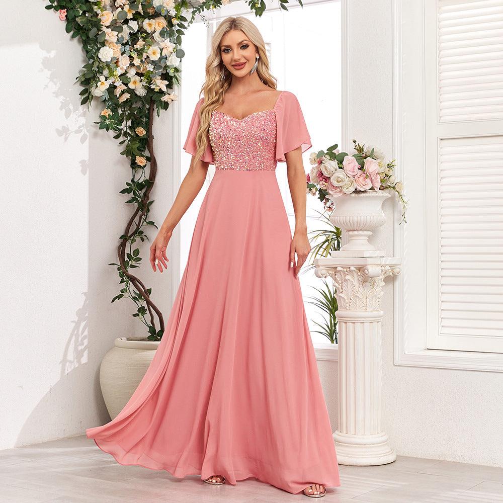 Square Collar Short Sleeve Backless Pink Evening Dress - Venus Trendy Fashion Online