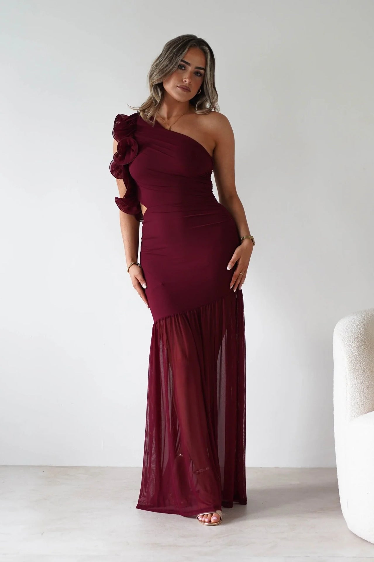 Autumn Winter Hollow Out One Shoulder Ruffled Mesh Dress