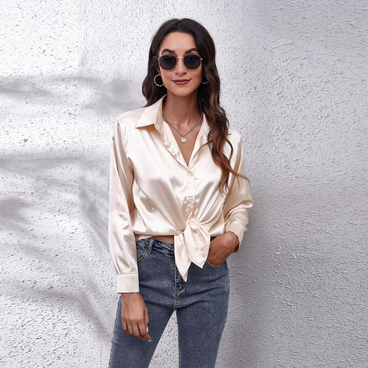 Popular Satin Women Long Sleeve Shirt