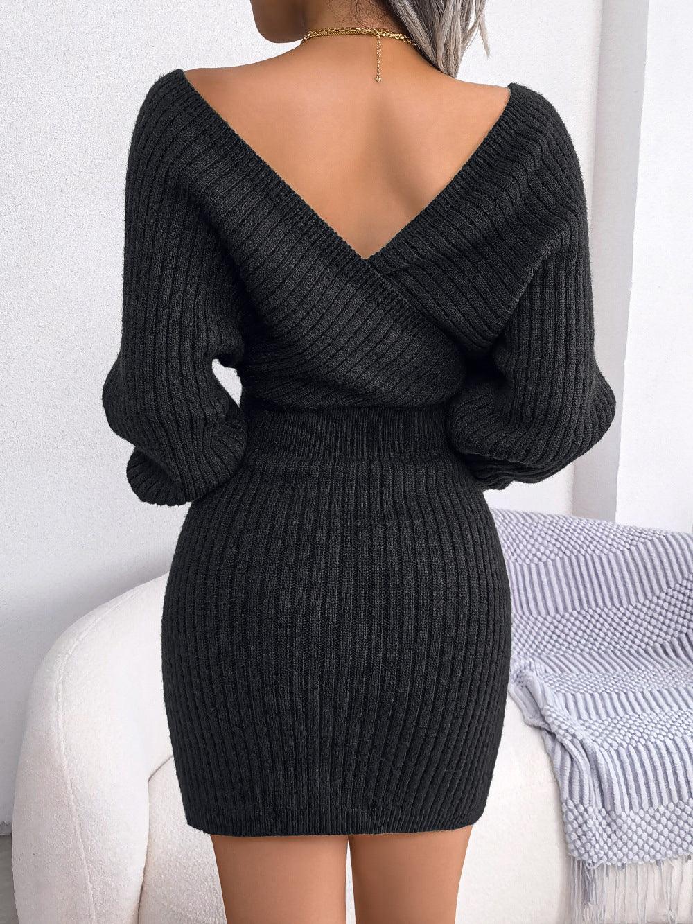 Winter Sexy Criss Cross V neck Bat Sheath Dress - Venus Trendy Fashion Online