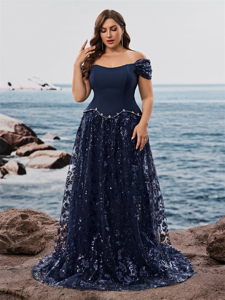 Woman Elegant Sequin Stitching Faux Two Piece Cocktail Party Dress