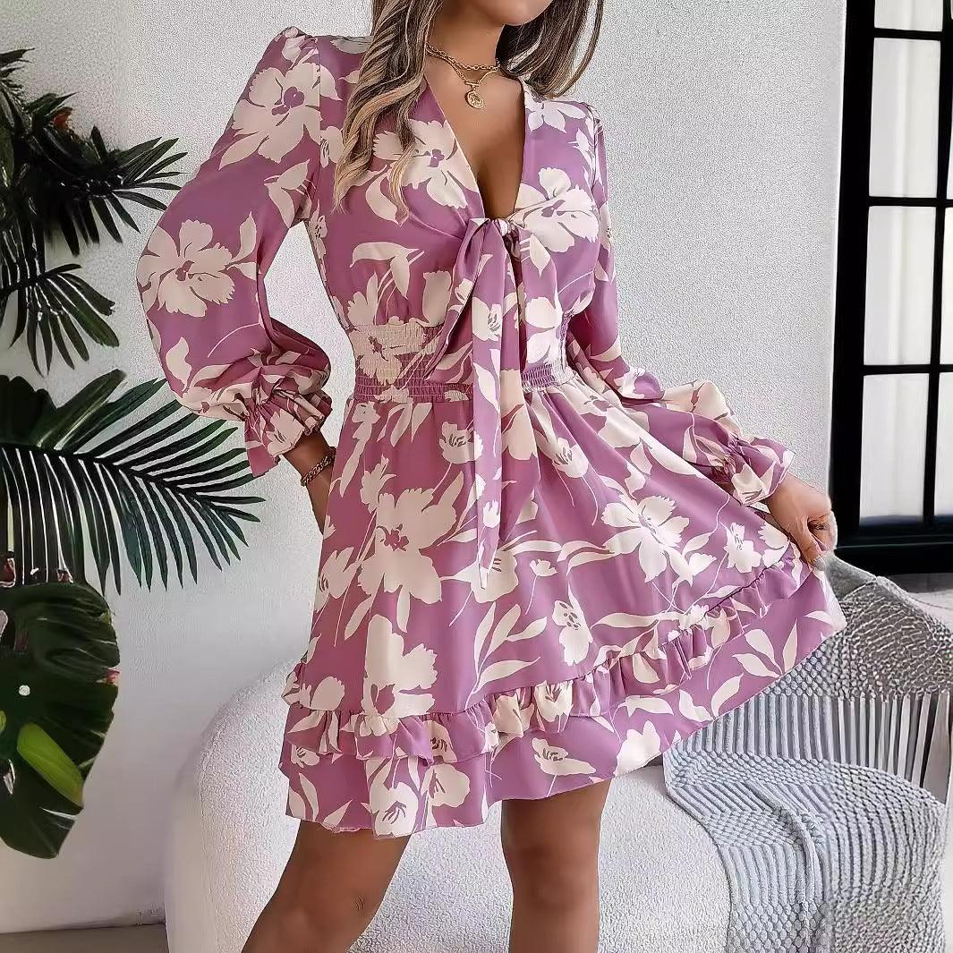 Casual Floral Lace up Long Sleeve Dress - Venus Trendy Fashion Online