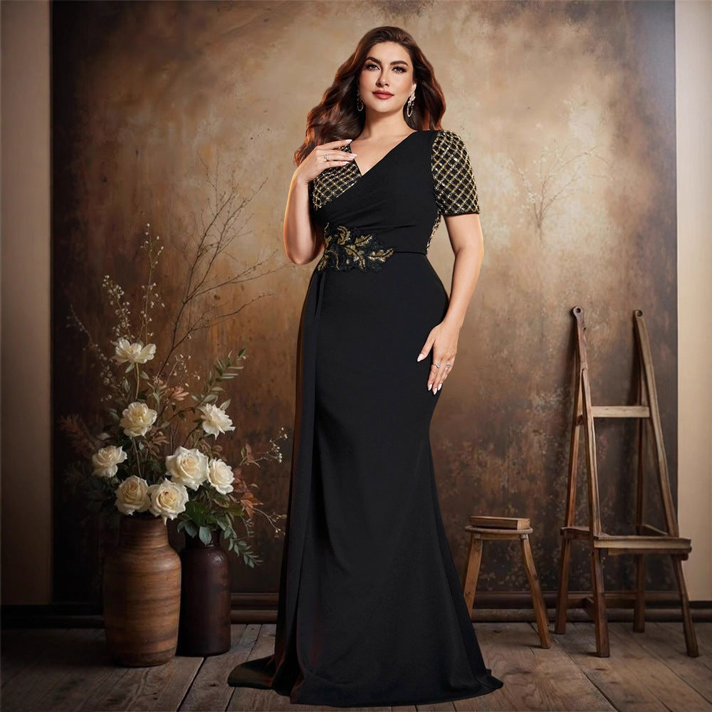 Plus Size V neck Short Sleeve Elegant Party Dress