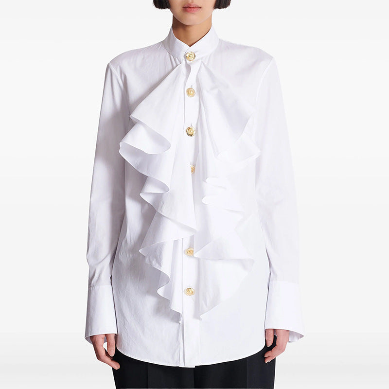 Ruffle All Match White Long Sleeve Shirt