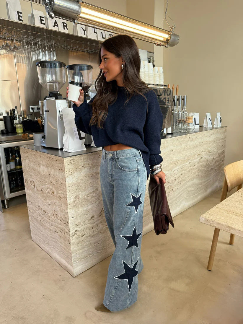 Women Casual Five Pointed Star Loose Straight Denim Pants