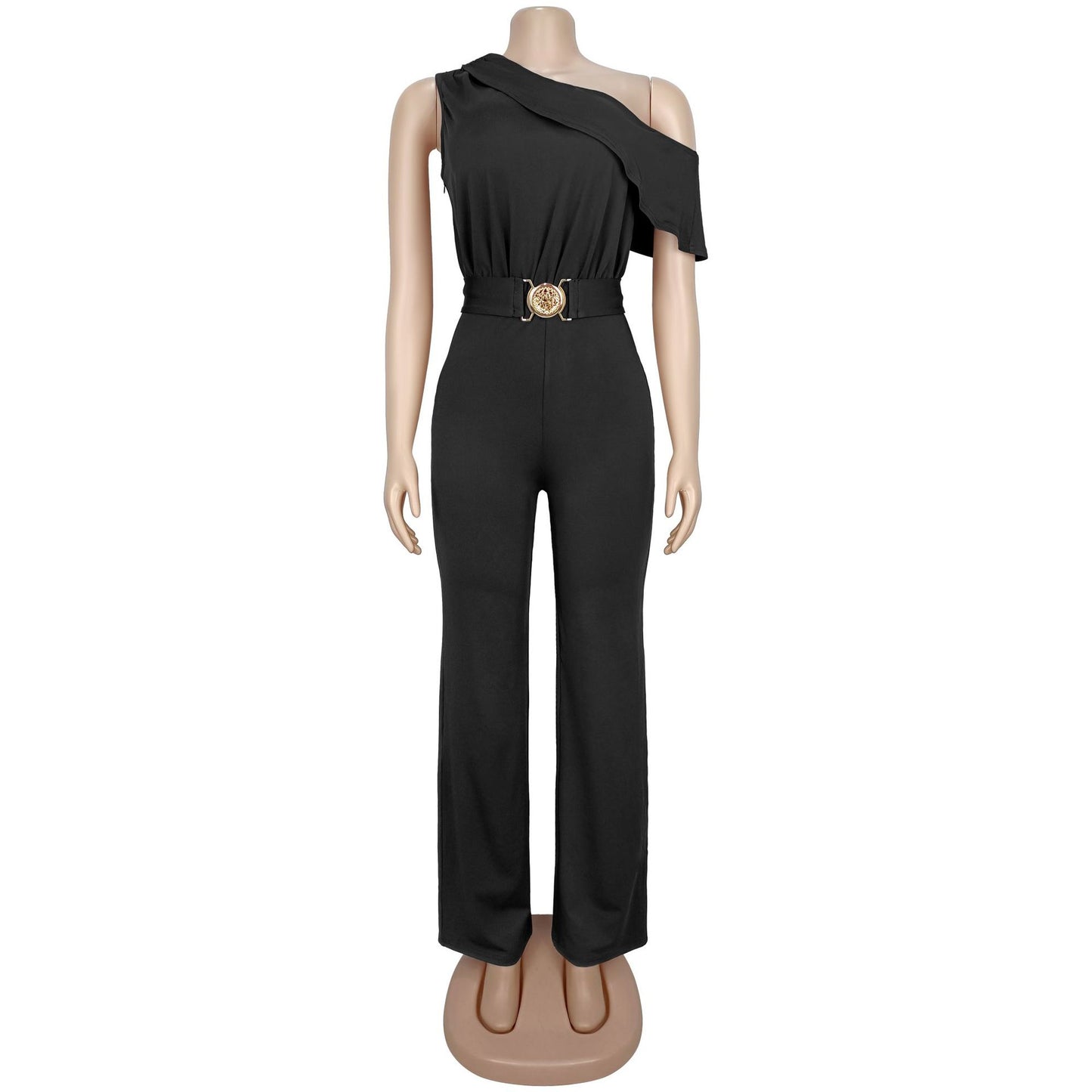 Women Elegant Shoulder Belt Solid Color Jumpsuit