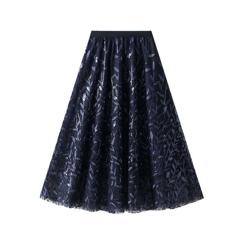 Glitter Leaves Embroidered Long Skirt - Venus Trendy Fashion Online