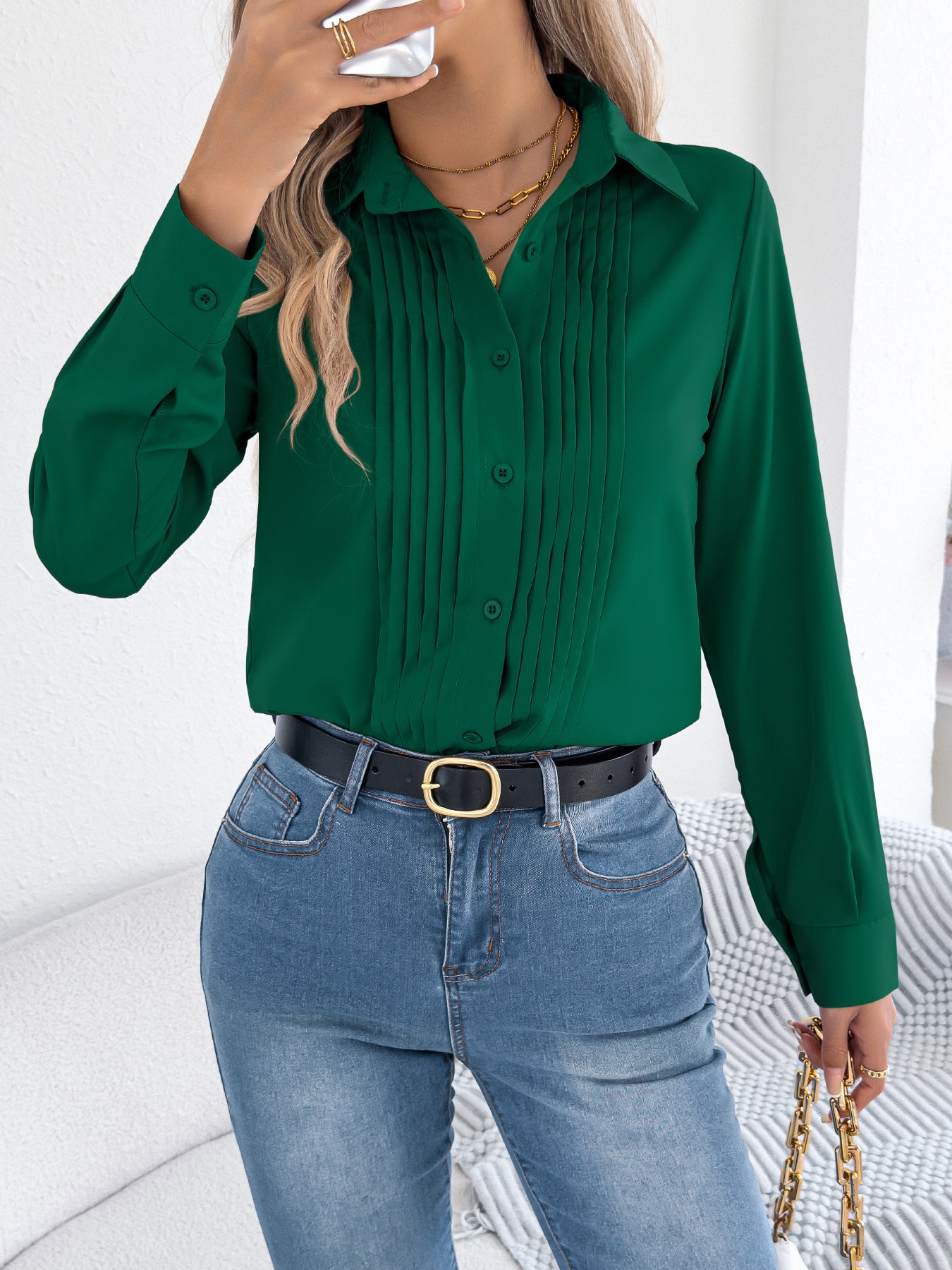Women Elegant Pleated Solid Color Buttons Long Sleeve Office Shirt