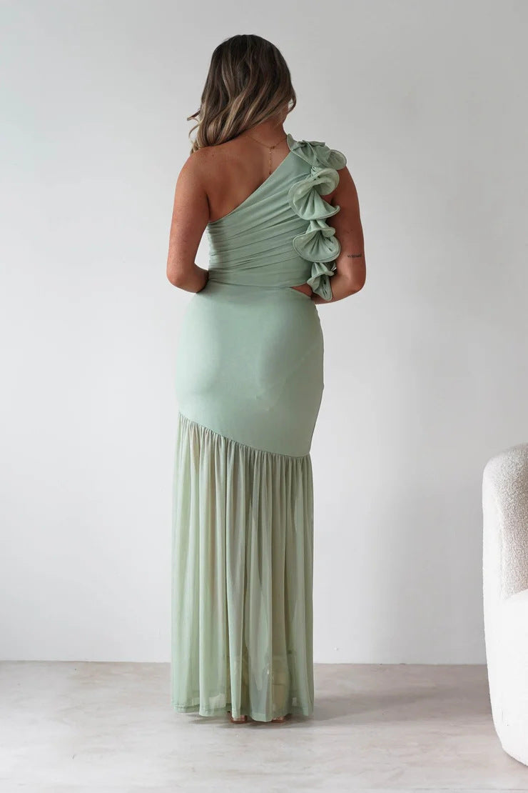 Autumn Winter Hollow Out One Shoulder Ruffled Mesh Dress