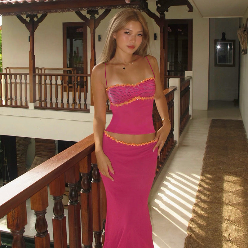 French Sweet Casual Chiffon Lace Vest Skirt Set