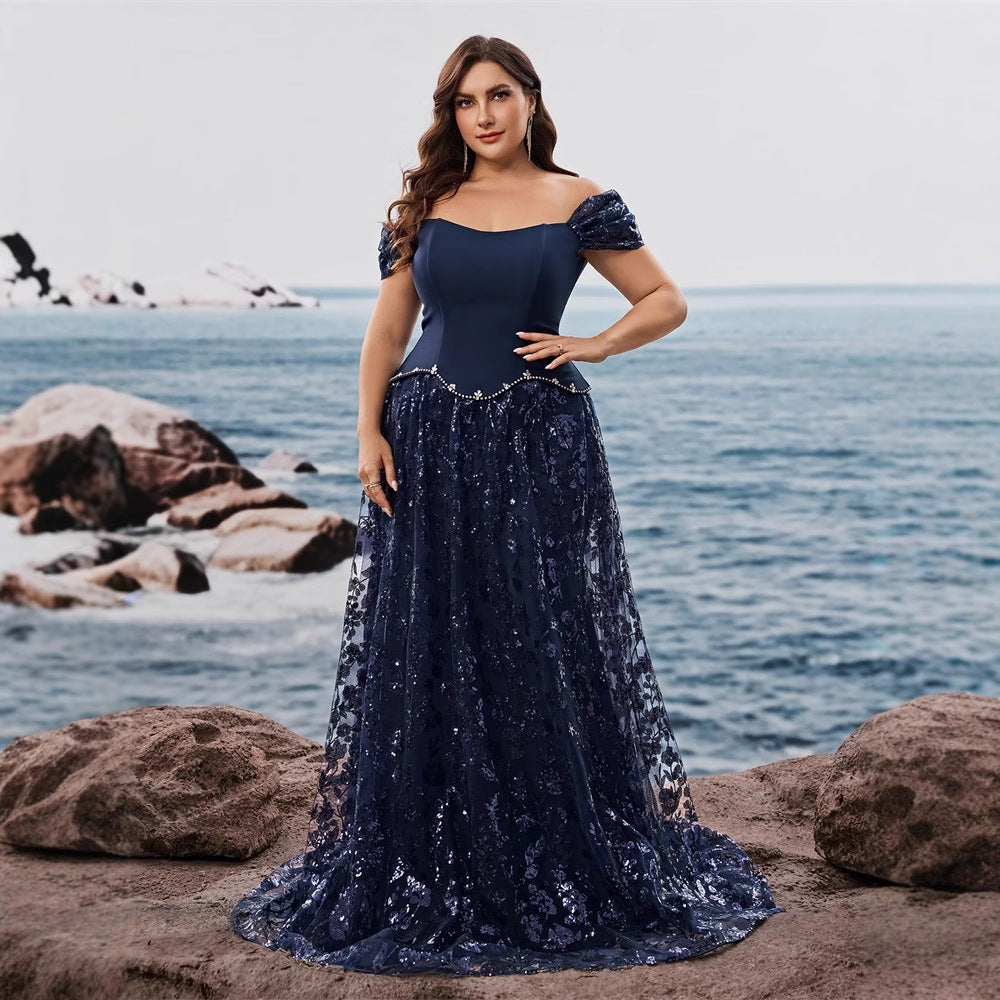 Woman Elegant Sequin Stitching Faux Two Piece Cocktail Party Dress