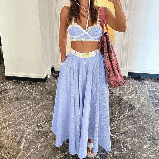 Women High Waist Big Swing Skirt Set