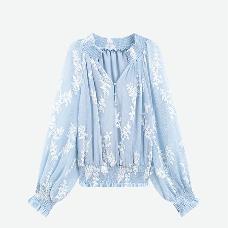 Solid Color Embroidered V neck Shirt