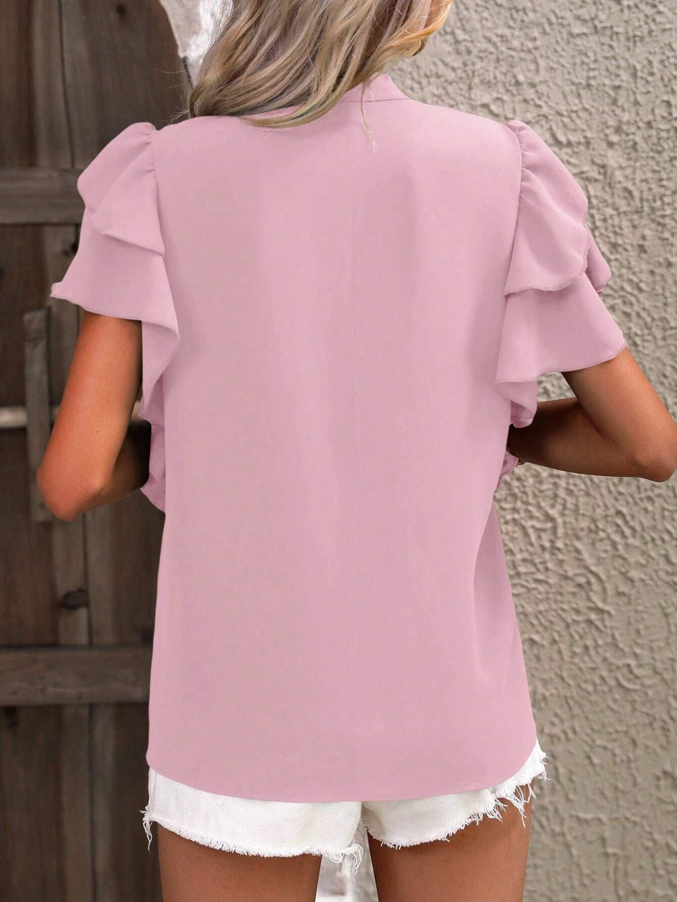 Summer V neck Casual Double Layer Ruffle Sleeve Shirt