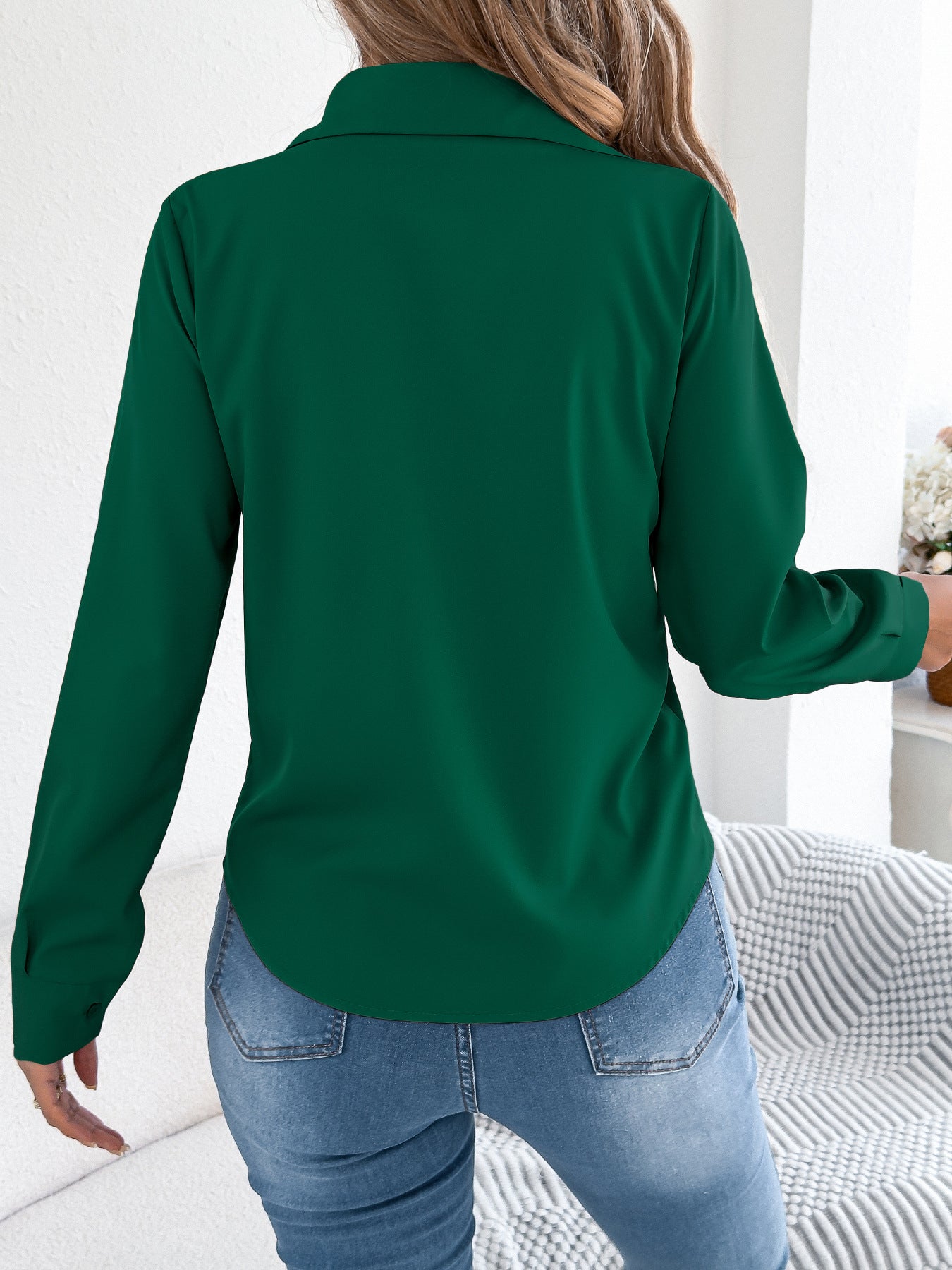 Women Elegant Pleated Solid Color Buttons Long Sleeve Office Shirt