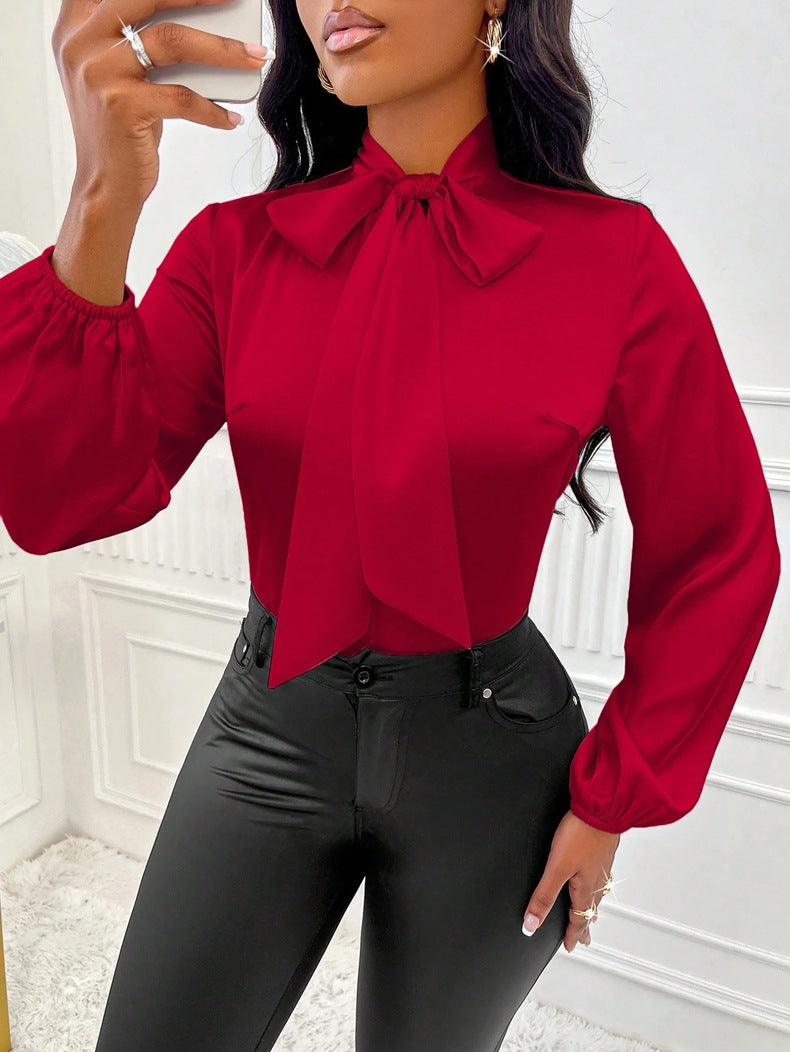 Women Satin Bow Long Sleeve Shirt