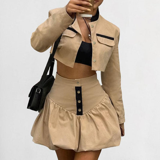 Long Sleeves Cropped Bud Skirt Set Two Piece Set - Venus Trendy Fashion Online