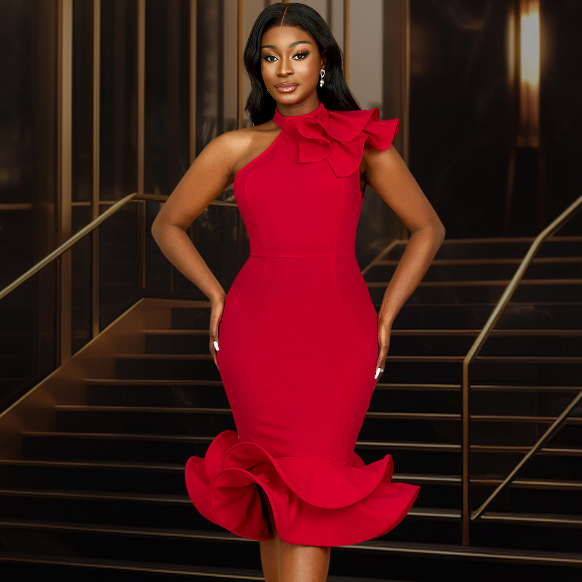 Elegant off Shoulder Ruffled Hem Cocktail Evening Dress