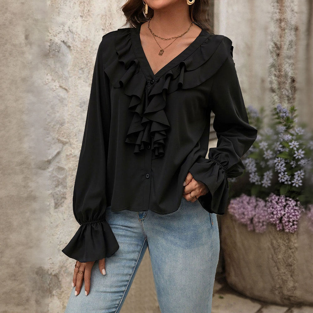 Women V neck Ruffled Elegant Shirt