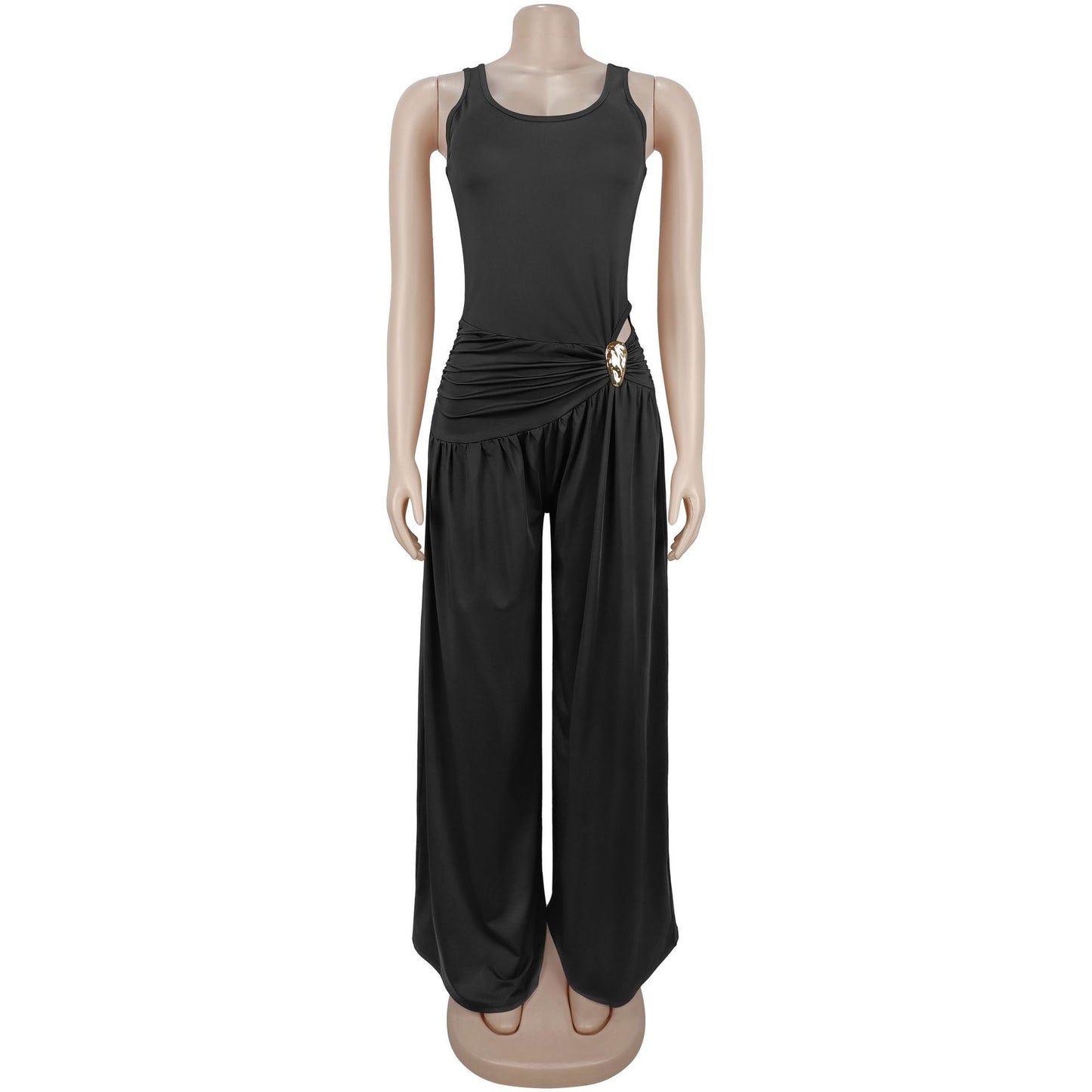 Women Solid Color U Collar High Waist Jumpsuit
