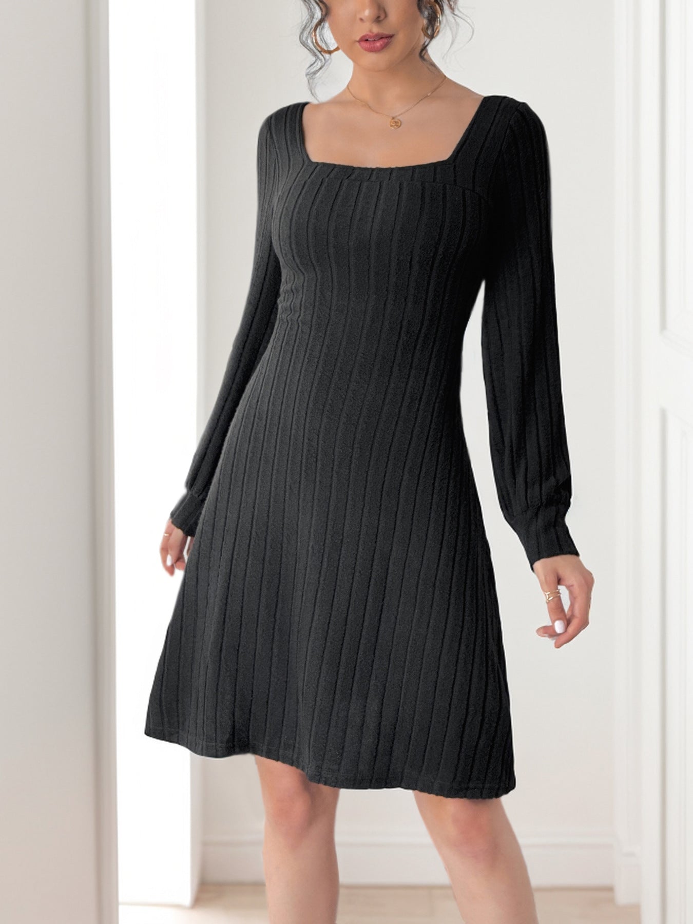 Knitted Brushed Sunken Stripe Split V neck Dress