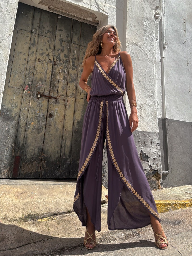 Golden Ribbon Trim Tight Waist V neck Loose Sling Jumpsuit