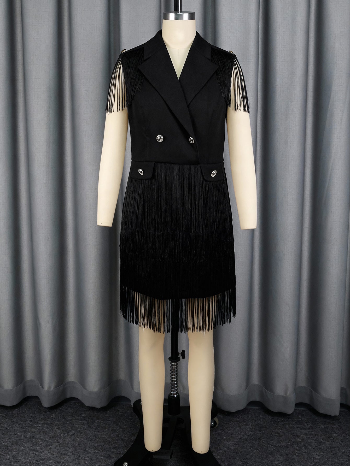 V neck Double Breasted Waist-Tight Tassel Hem Office Dresses