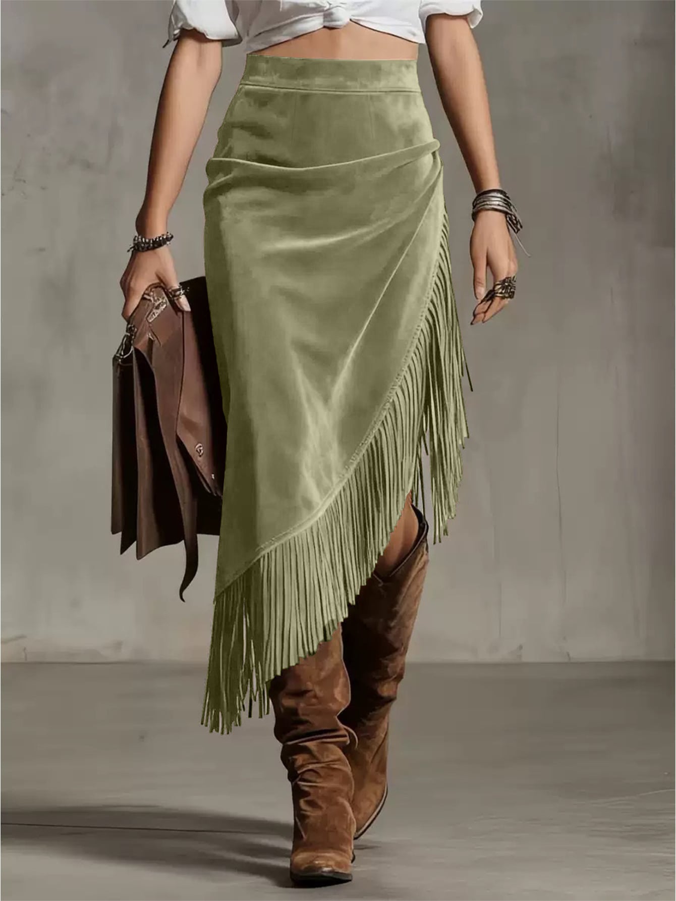 Retro Western Irregular Asymmetric Design Suede Skirt