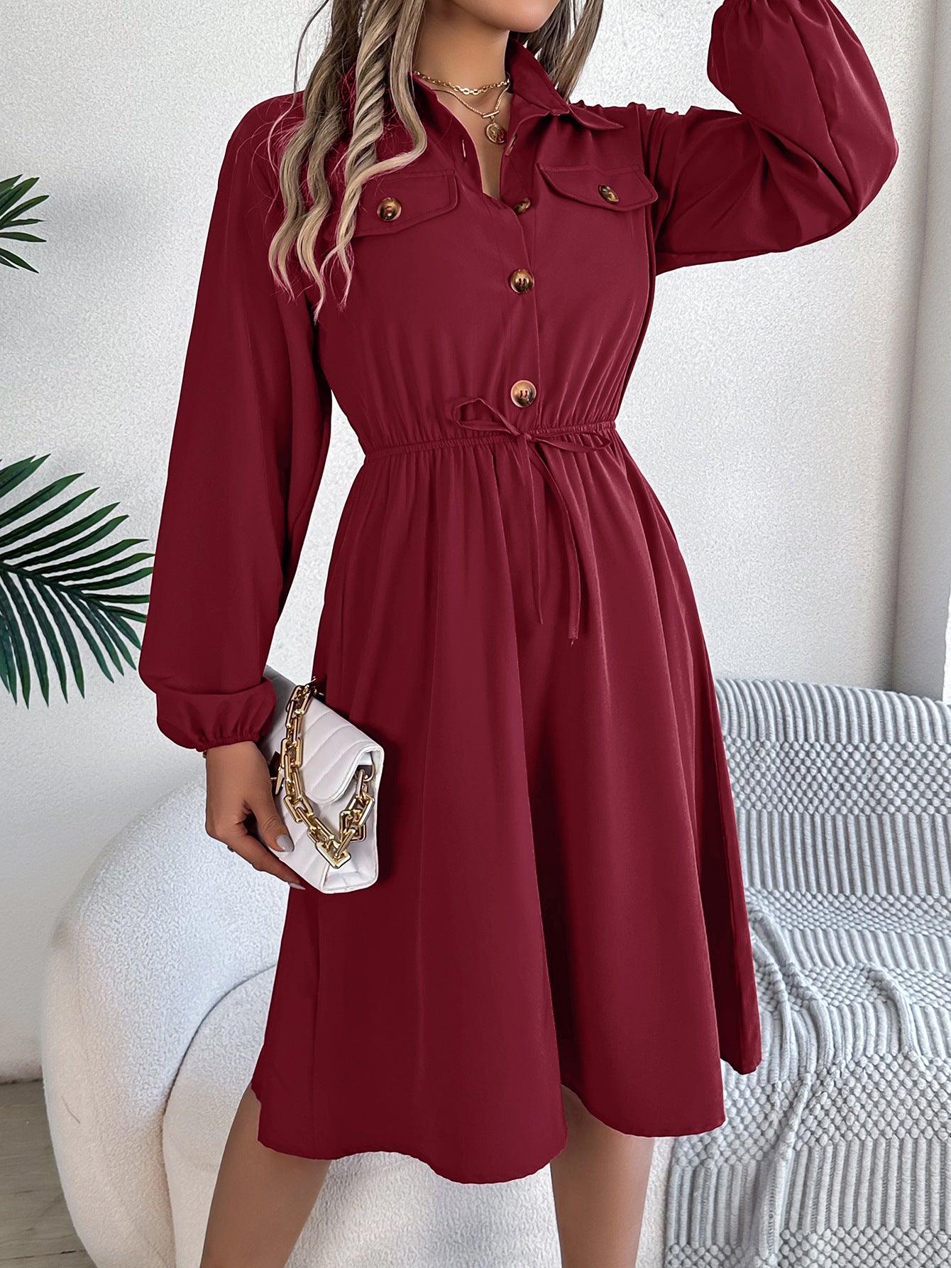 Real Shot Autumn Winter Casual Button Lace up Dress - Venus Trendy Fashion Online