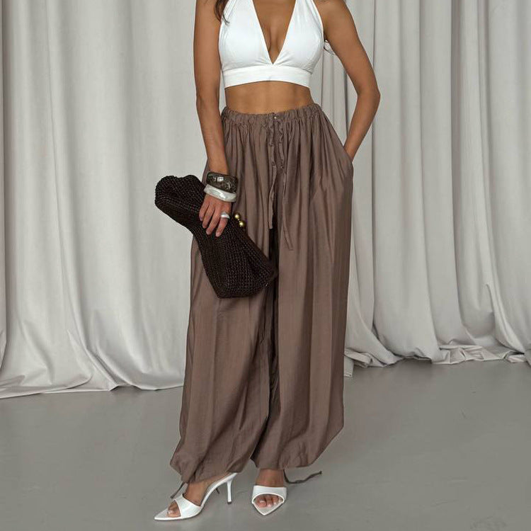 Women High Waist Loose Lace up Trousers