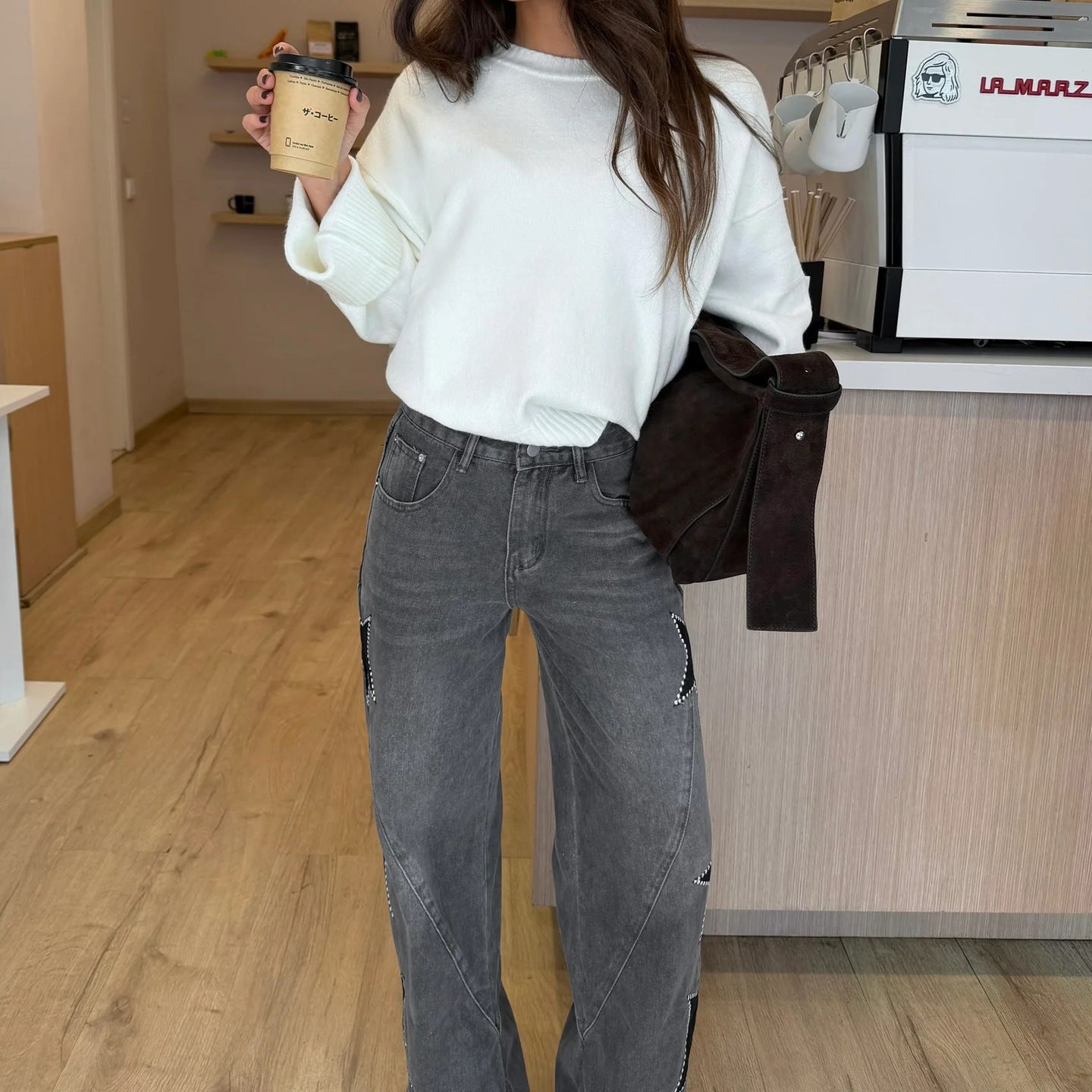 Women Casual Five Pointed Star Loose Straight Denim Pants