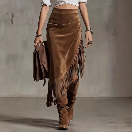 Retro Western Irregular Asymmetric Design Suede Skirt
