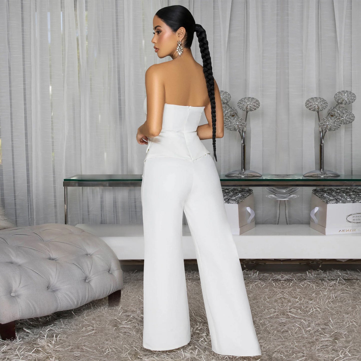 Women Sexy Tube Top Backless Casual Wide Leg Jumpsuit