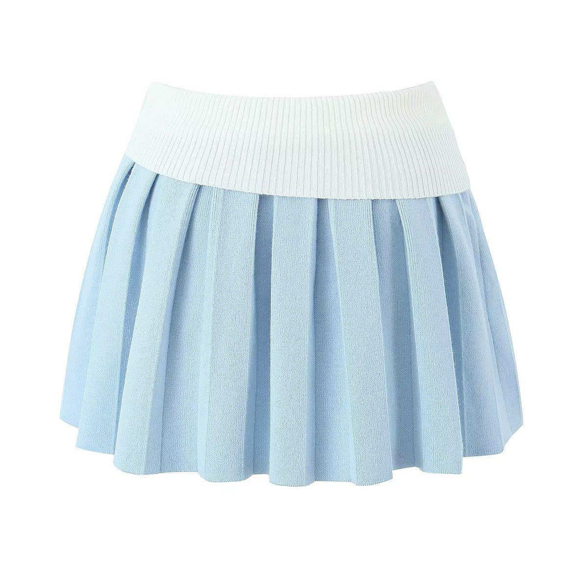 Women Blue Irregular Asymmetric Knitting Pleated Skirt