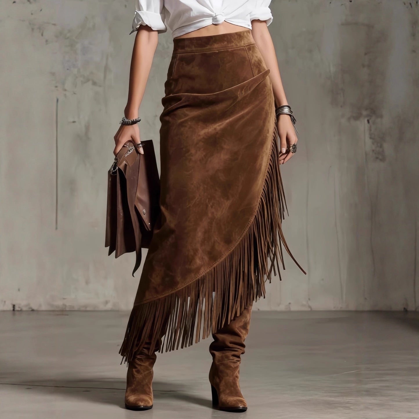 Retro Western Irregular Asymmetric Design Suede Skirt