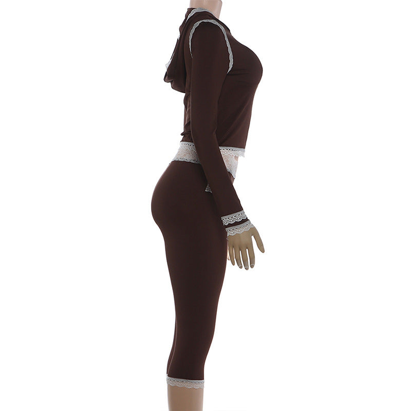 Women Lace Stitching Long Sleeve Zipper Hooded Pants Set