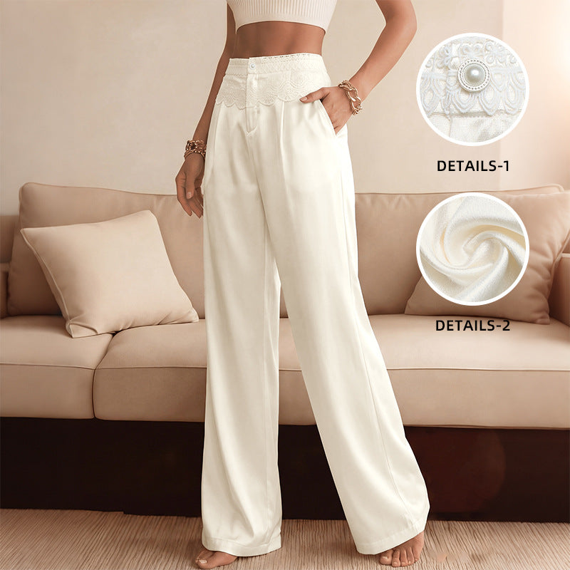 Elegant Solid Color Lace Stitching Satin Wide Leg Pants