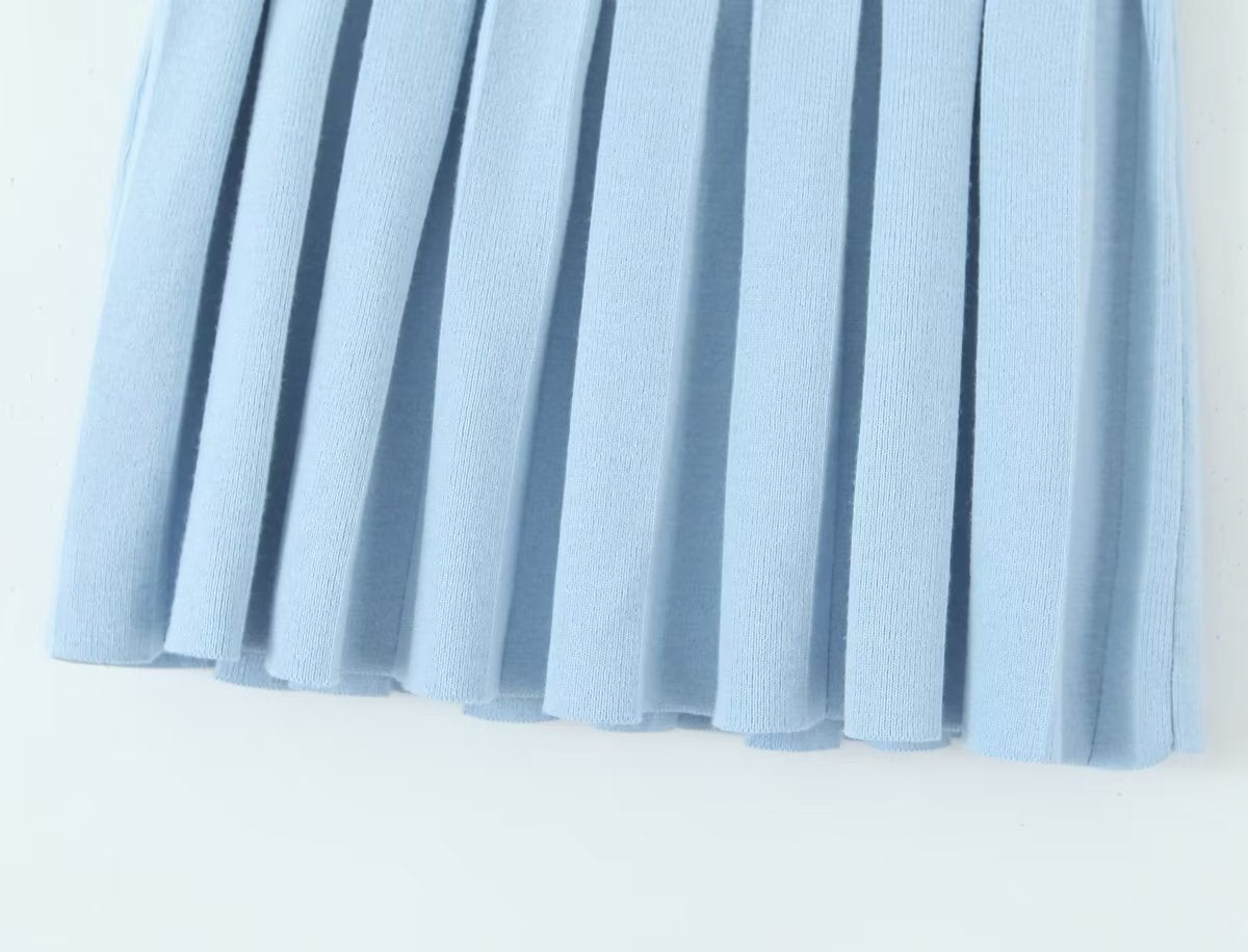 Women Blue Irregular Asymmetric Knitting Pleated Skirt