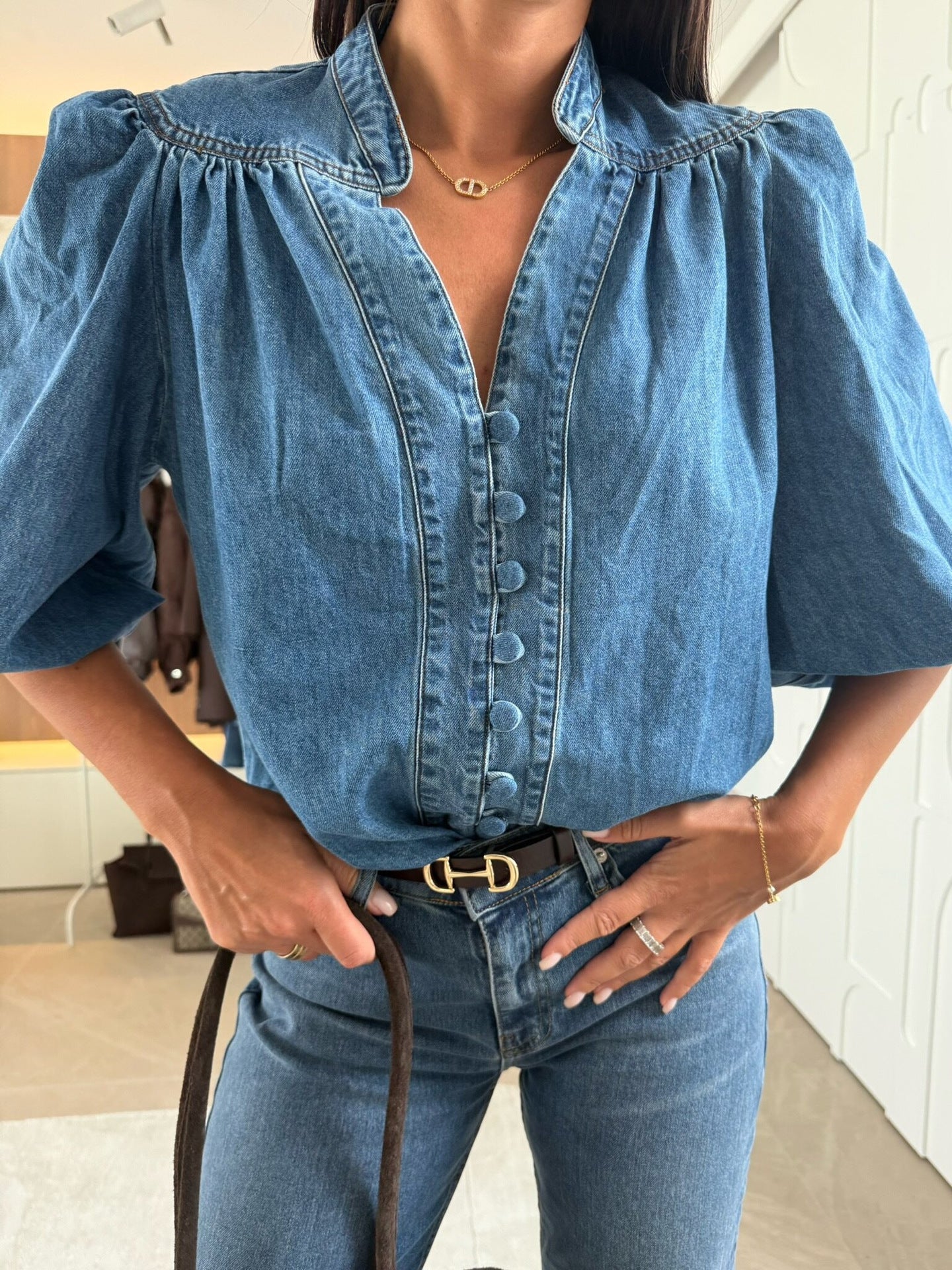 Women Casual Lantern Sleeve V neck Denim Shirt
